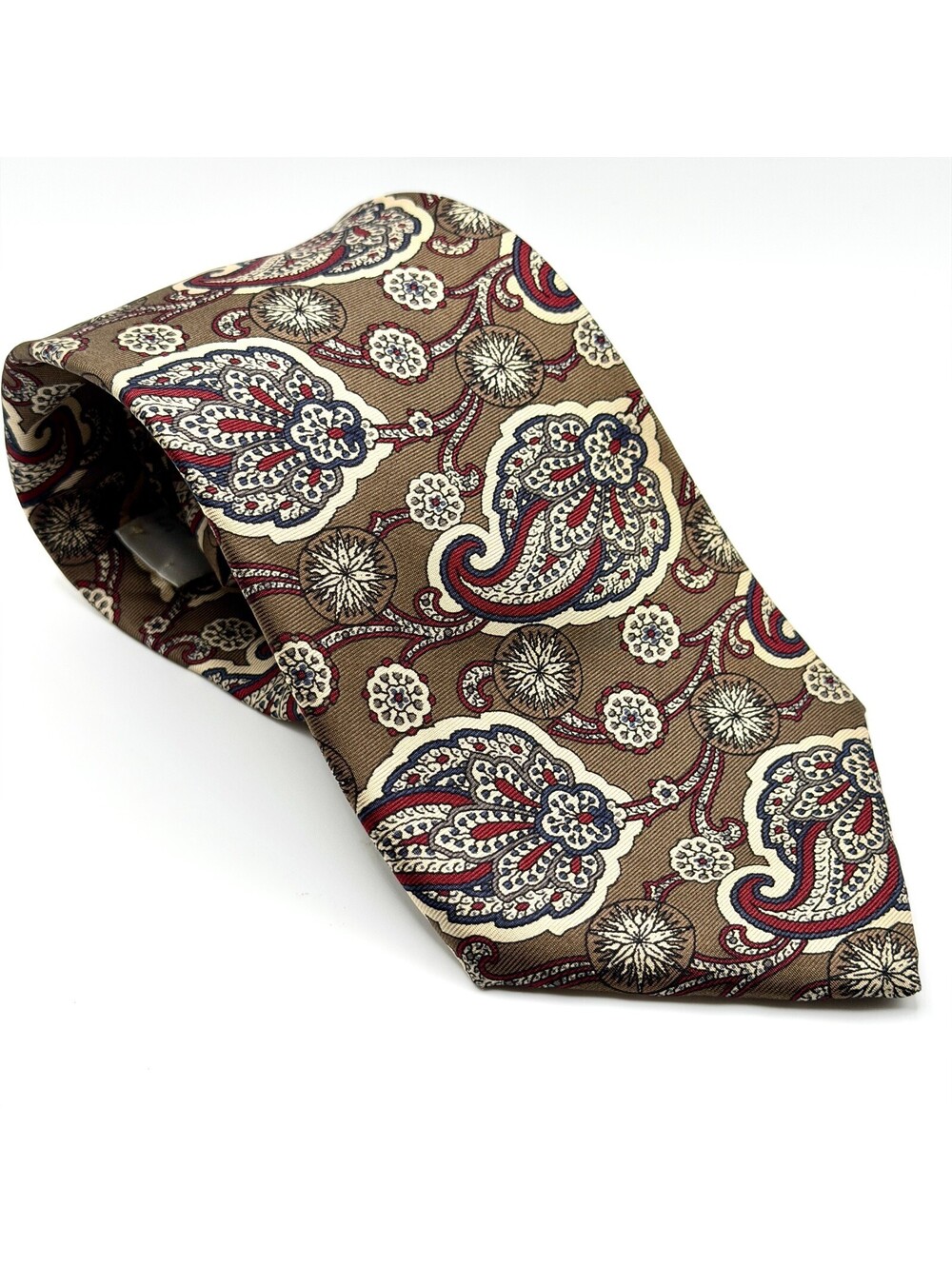 Vintage 90s Bill Blass Taupe Red 100% Silk Paisley Necktie